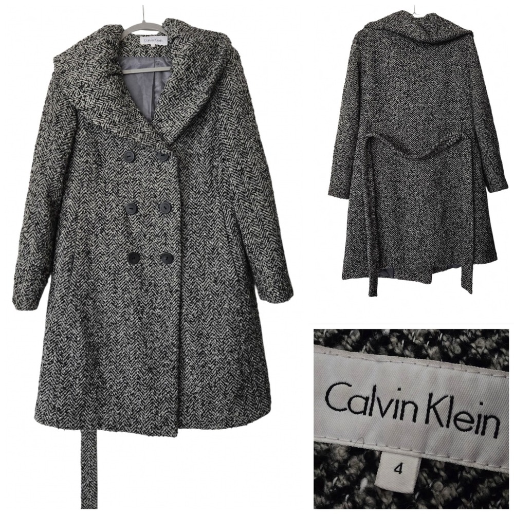 Calvin Klein Womens Herringbone Wool Blend Belted Pea Coat Black White Size 4